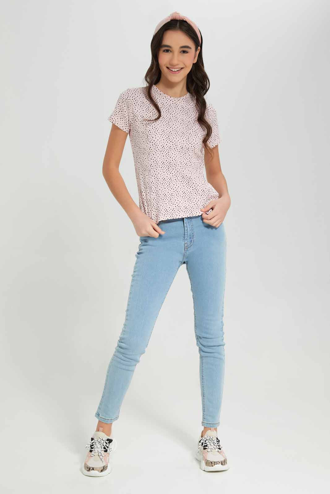 Redtag-Pink/Black-Polka-Dots-Rib-T-Shirts-Category:T-Shirts,-Colour:Assorted,-Deals:New-In,-Filter:Senior-Girls-(8-to-14-Yrs),-GSR-T-Shirts,-New-In-GSR-APL,-Non-Sale,-Section:Girls-(0-to-14Yrs),-TBL,-W22A-Senior-Girls-9 to 14 Years
