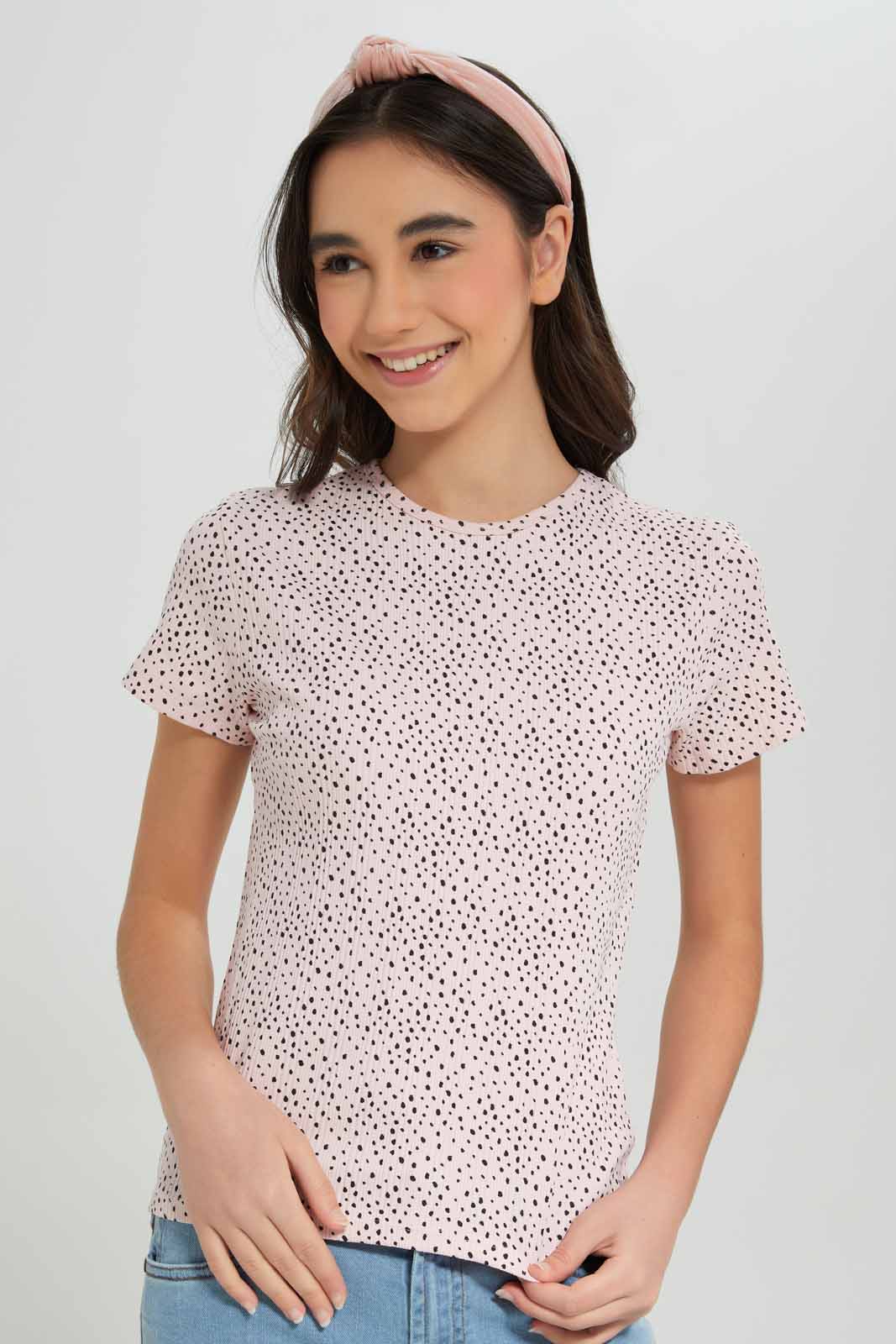 Redtag-Pink/Black-Polka-Dots-Rib-T-Shirts-Category:T-Shirts,-Colour:Assorted,-Deals:New-In,-Filter:Senior-Girls-(8-to-14-Yrs),-GSR-T-Shirts,-New-In-GSR-APL,-Non-Sale,-Section:Girls-(0-to-14Yrs),-TBL,-W22A-Senior-Girls-9 to 14 Years