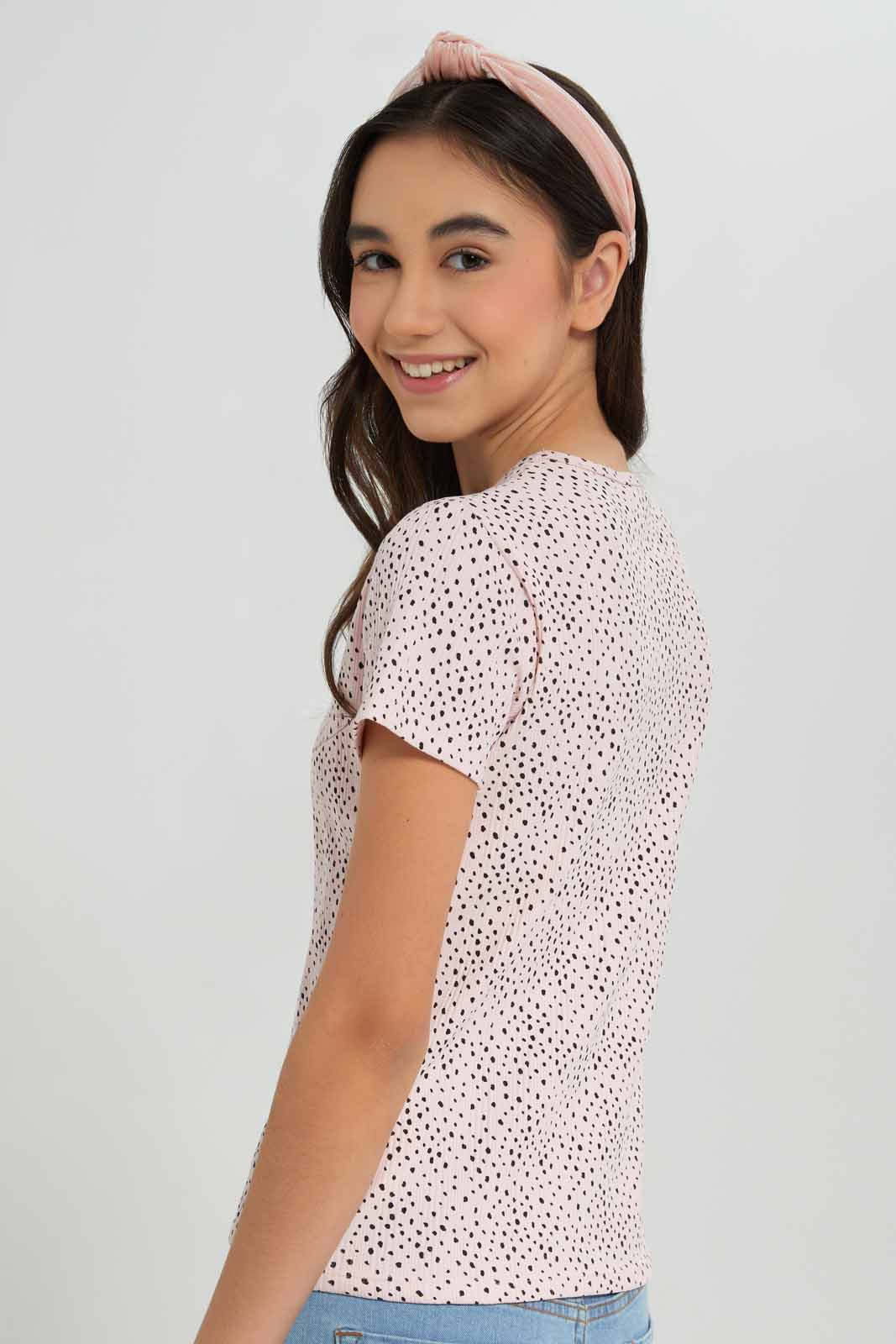 Redtag-Pink/Black-Polka-Dots-Rib-T-Shirts-Category:T-Shirts,-Colour:Assorted,-Deals:New-In,-Filter:Senior-Girls-(8-to-14-Yrs),-GSR-T-Shirts,-New-In-GSR-APL,-Non-Sale,-Section:Girls-(0-to-14Yrs),-TBL,-W22A-Senior-Girls-9 to 14 Years