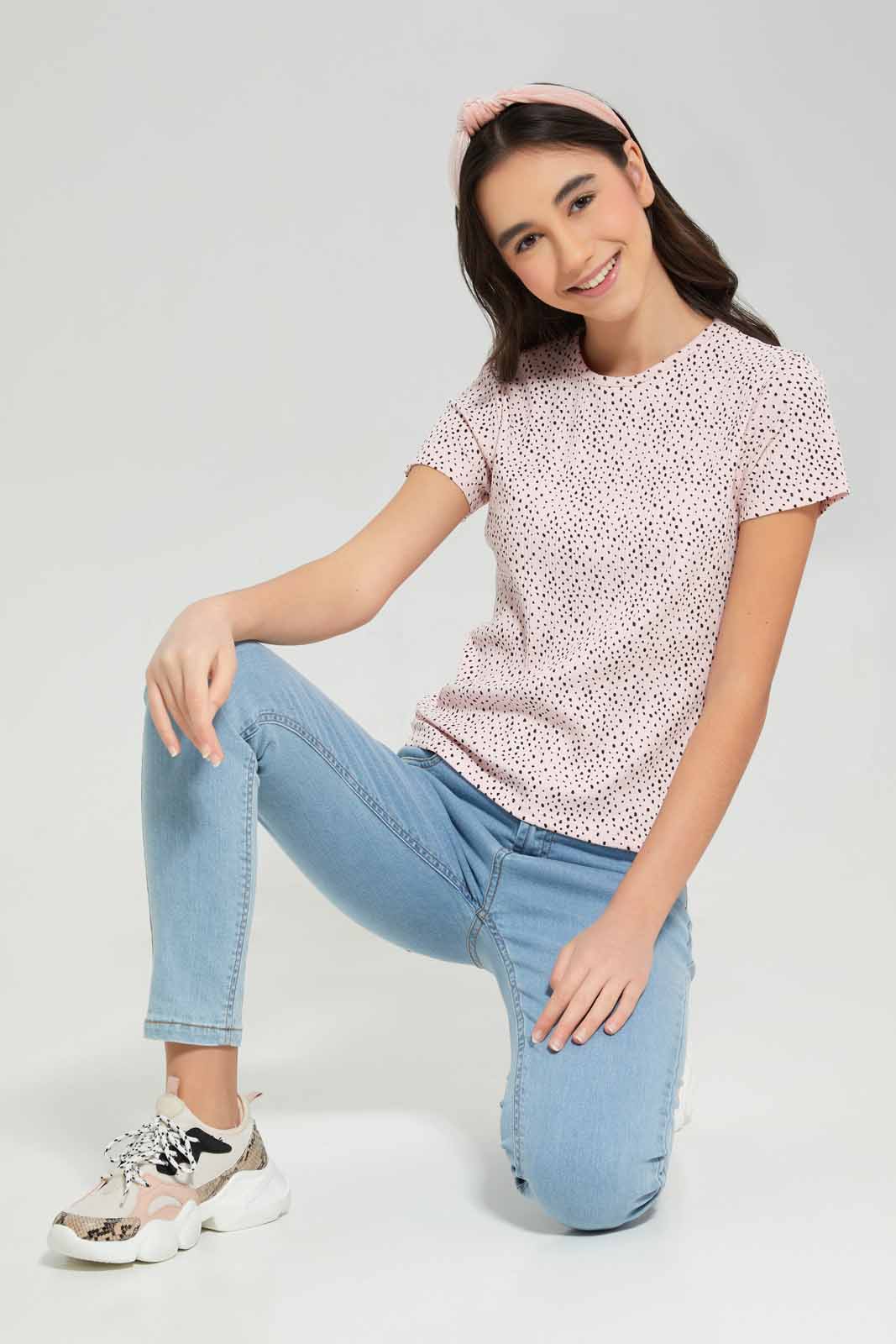 Redtag-Pink/Black-Polka-Dots-Rib-T-Shirts-Category:T-Shirts,-Colour:Assorted,-Deals:New-In,-Filter:Senior-Girls-(8-to-14-Yrs),-GSR-T-Shirts,-New-In-GSR-APL,-Non-Sale,-Section:Girls-(0-to-14Yrs),-TBL,-W22A-Senior-Girls-9 to 14 Years