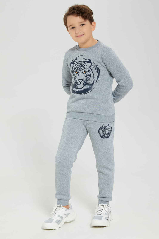 Redtag-Grey-Crew-Neck-Tiger-Print-Sweat-With-Jog-Pant-BOY-Jog-Sets,-Category:Jog-Sets,-Colour:Grey,-Deals:New-In,-Dept:Boys,-Filter:Boys-(2-to-8-Yrs),-New-In-BOY-APL,-Non-Sale,-Section:Boys-(0-to-14Yrs),-W22B-Boys-2 to 8 Years
