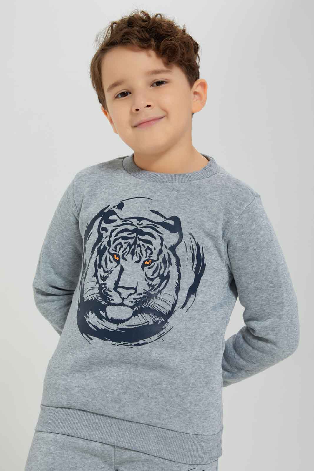 Redtag-Grey-Crew-Neck-Tiger-Print-Sweat-With-Jog-Pant-BOY-Jog-Sets,-Category:Jog-Sets,-Colour:Grey,-Deals:New-In,-Dept:Boys,-Filter:Boys-(2-to-8-Yrs),-New-In-BOY-APL,-Non-Sale,-Section:Boys-(0-to-14Yrs),-W22B-Boys-2 to 8 Years
