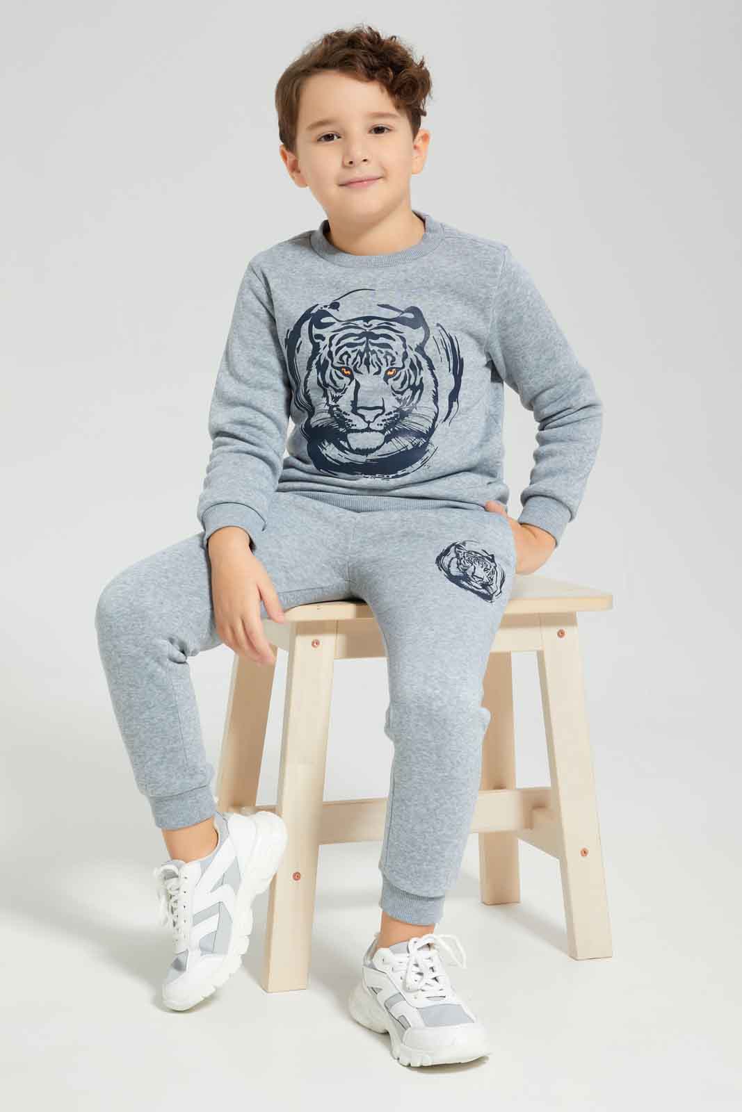 Redtag-Grey-Crew-Neck-Tiger-Print-Sweat-With-Jog-Pant-BOY-Jog-Sets,-Category:Jog-Sets,-Colour:Grey,-Deals:New-In,-Dept:Boys,-Filter:Boys-(2-to-8-Yrs),-New-In-BOY-APL,-Non-Sale,-Section:Boys-(0-to-14Yrs),-W22B-Boys-2 to 8 Years