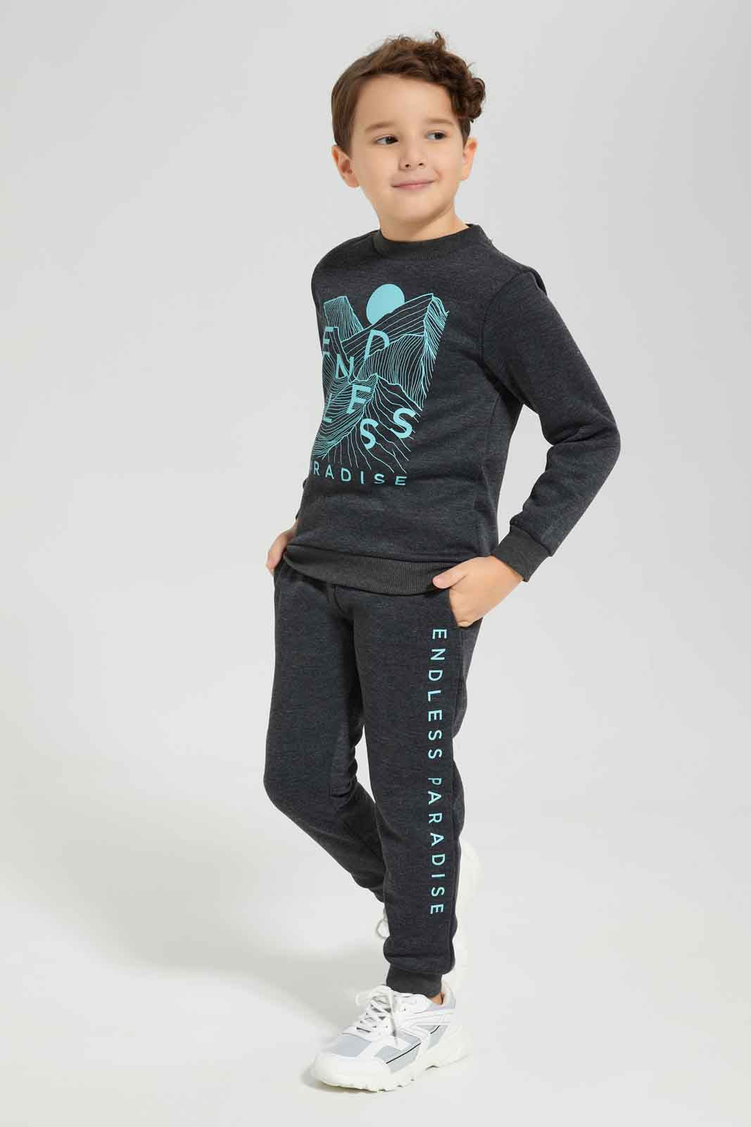 Redtag-Charcoal-Crew-Neck-Dinosaur-Print-Sweat-With-Jog-Pant-BOY-Jog-Sets,-Category:Jog-Sets,-Colour:Charcoal,-Deals:New-In,-Dept:Boys,-Filter:Boys-(2-to-8-Yrs),-New-In-BOY-APL,-Non-Sale,-Section:Boys-(0-to-14Yrs),-W22B-Boys-2 to 8 Years