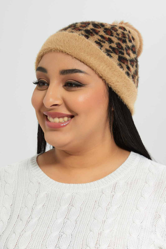 Brown And Pink Animal Print Knitted Beanie Set (Pack of 2)