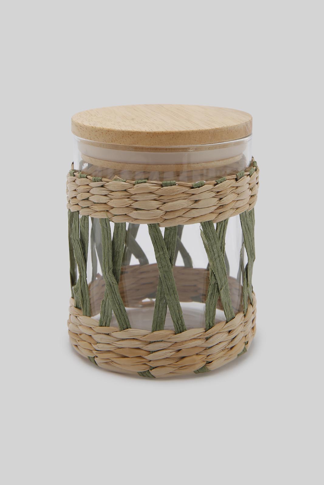Redtag-Brown-Glass-Jar-With-Weaving-And-Wooden-Lid-(Small)-Category:Canisters-And-Jars,-Colour:Brown,-Deals:New-In,-Dept:Home,-Filter:Home-Dining,-HMW-DIN-Storage,-New-In-HMW-DIN,-Non-Sale,-Section:Homewares,-W22A-Home-Dining-