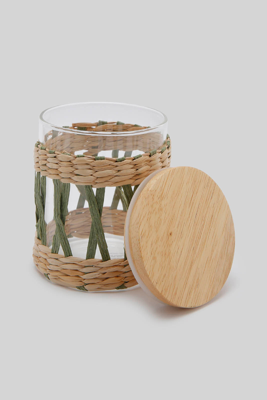 Redtag-Brown-Glass-Jar-With-Weaving-And-Wooden-Lid-(Small)-Category:Canisters-And-Jars,-Colour:Brown,-Deals:New-In,-Dept:Home,-Filter:Home-Dining,-HMW-DIN-Storage,-New-In-HMW-DIN,-Non-Sale,-Section:Homewares,-W22A-Home-Dining-