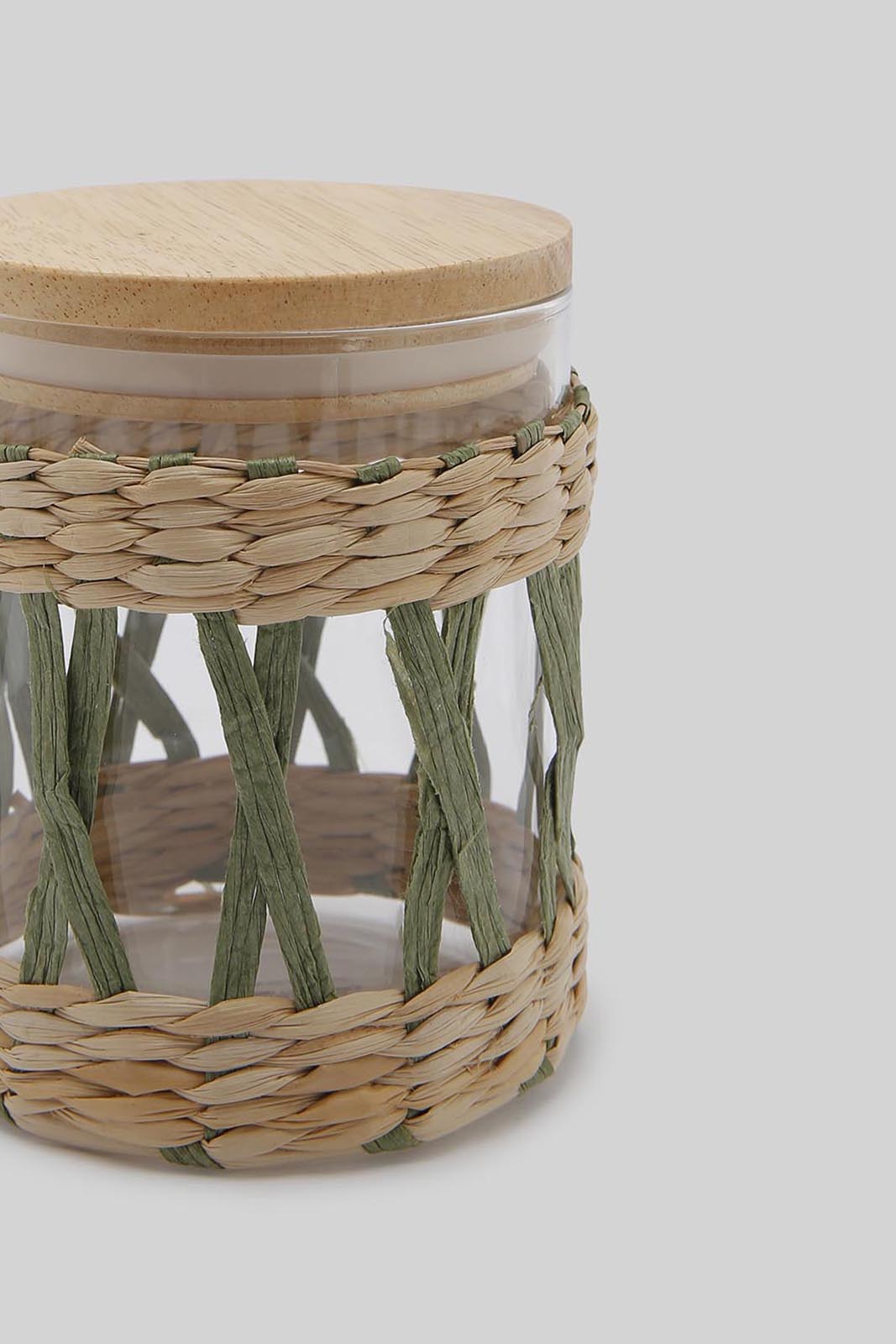 Redtag-Brown-Glass-Jar-With-Weaving-And-Wooden-Lid-(Small)-Category:Canisters-And-Jars,-Colour:Brown,-Deals:New-In,-Dept:Home,-Filter:Home-Dining,-HMW-DIN-Storage,-New-In-HMW-DIN,-Non-Sale,-Section:Homewares,-W22A-Home-Dining-