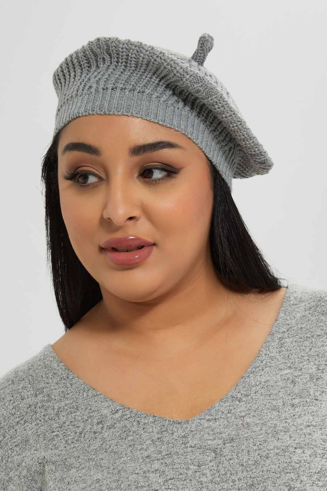 Women Grey and Navy Knitted Cap Set (2 Piece)