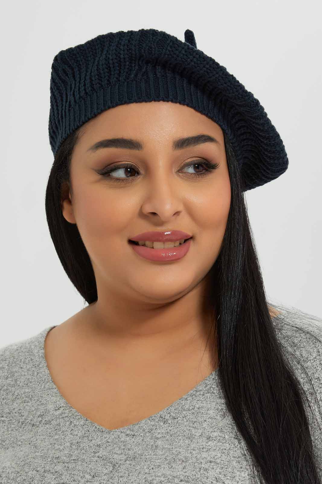 Women Grey and Navy Knitted Cap Set (2 Piece)