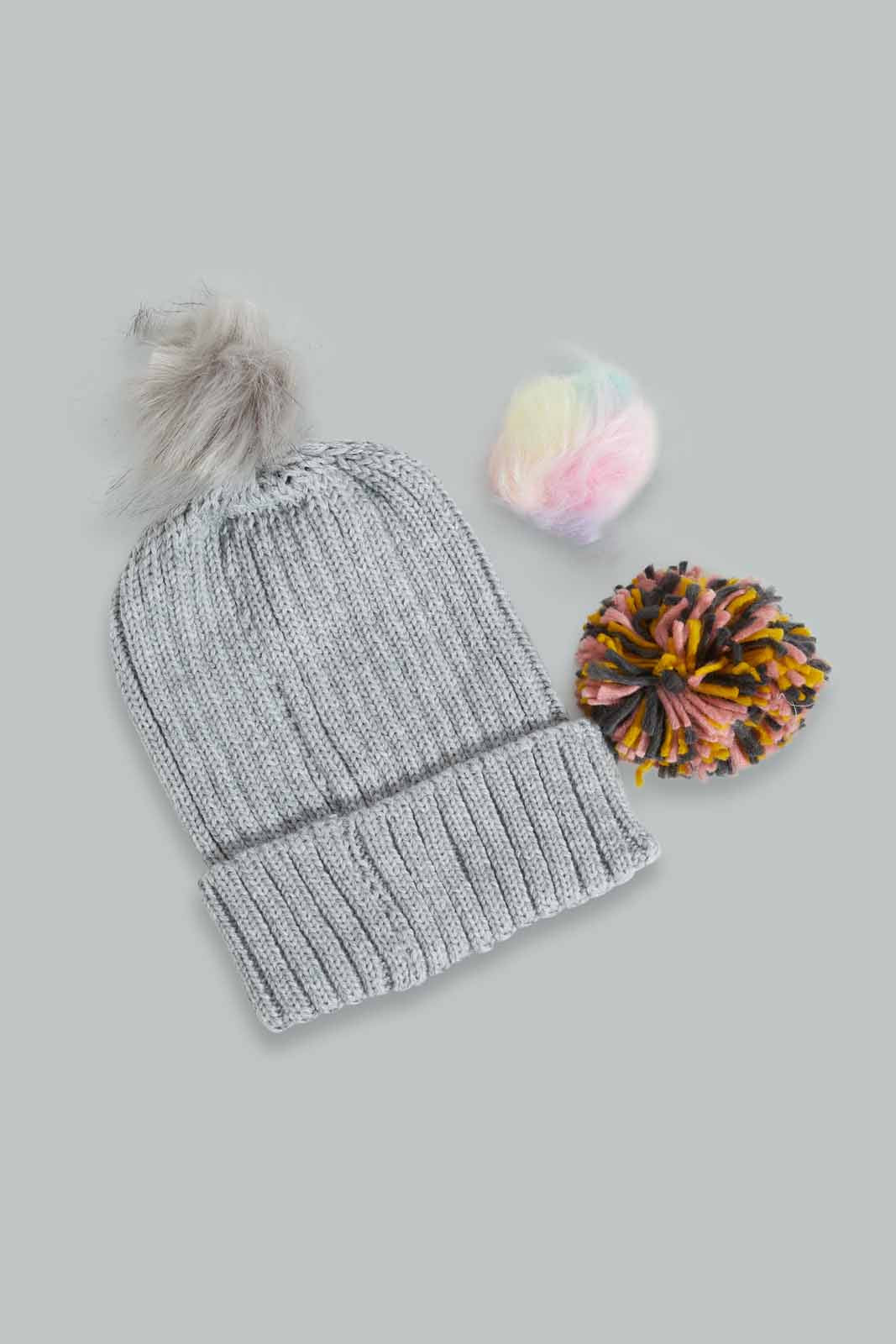 Redtag-Grey-Pom-Pom-Embellished-Cap-Category:Caps-&-Hats,-Colour:Grey,-Filter:Girls-Accessories,-GIR-Caps-&-Hats,-New-In,-New-In-GIR-ACC,-Non-Sale,-Section:Girls-(0-to-14Yrs),-W22B-Girls-