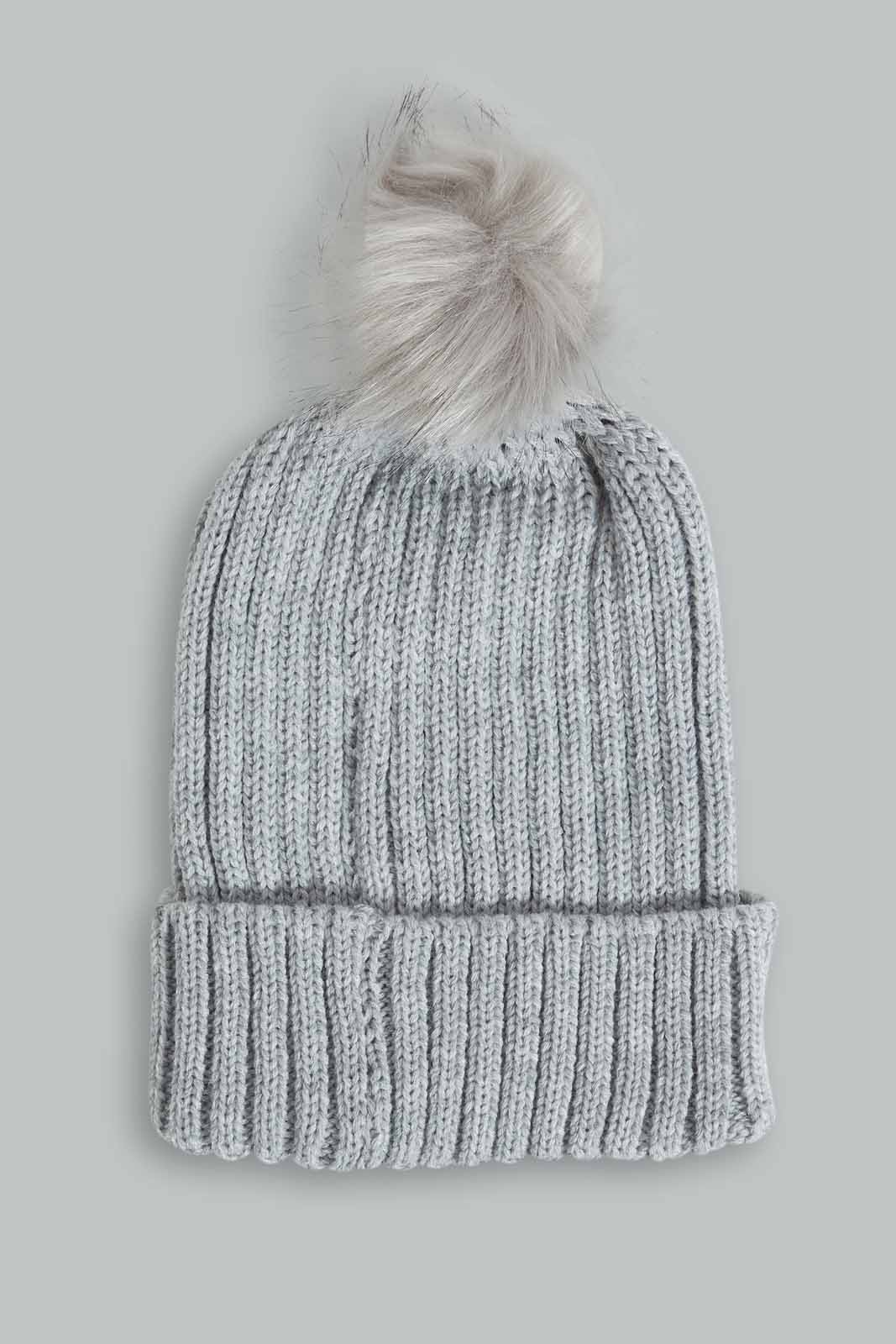 Redtag-Grey-Pom-Pom-Embellished-Cap-Category:Caps-&-Hats,-Colour:Grey,-Filter:Girls-Accessories,-GIR-Caps-&-Hats,-New-In,-New-In-GIR-ACC,-Non-Sale,-Section:Girls-(0-to-14Yrs),-W22B-Girls-