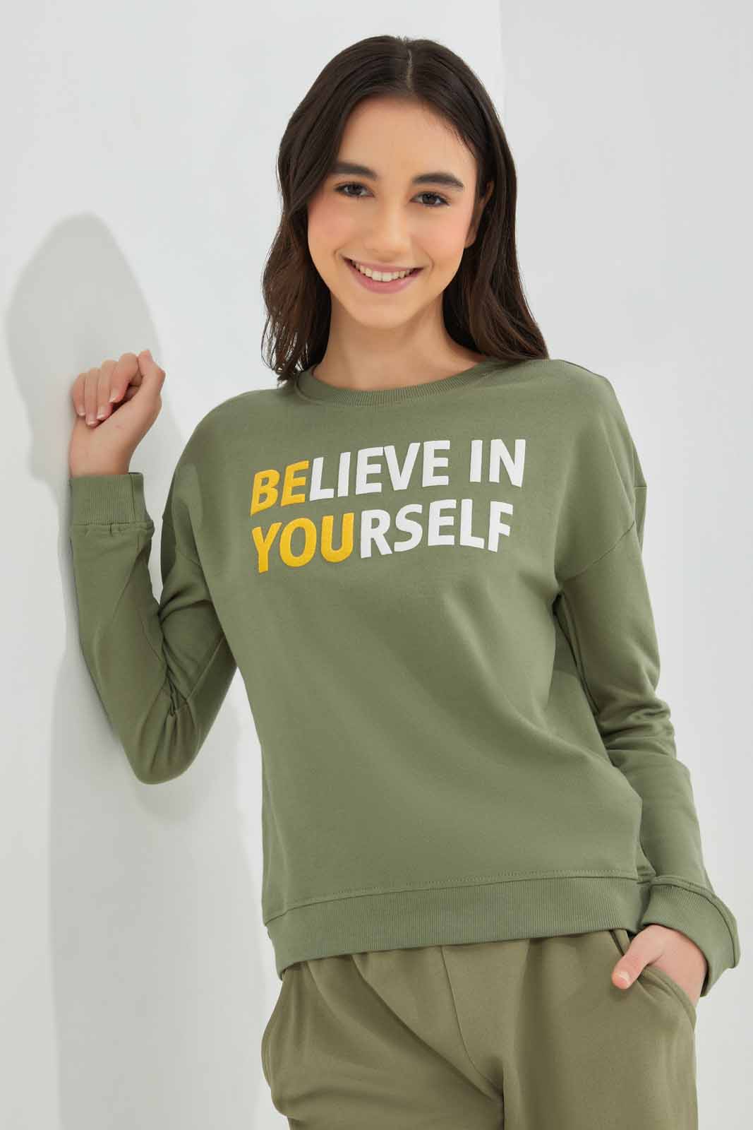 Redtag-Olive-Basic-Sweatshirts-Category:Sweatshirts,-Colour:Olive,-Deals:New-In,-Filter:Senior-Girls-(8-to-14-Yrs),-GSR-Sweatshirts,-NDAY,-New-In-GSR-APL,-Non-Sale,-Section:Girls-(0-to-14Yrs),-TBL,-W22A-Senior-Girls-9 to 14 Years