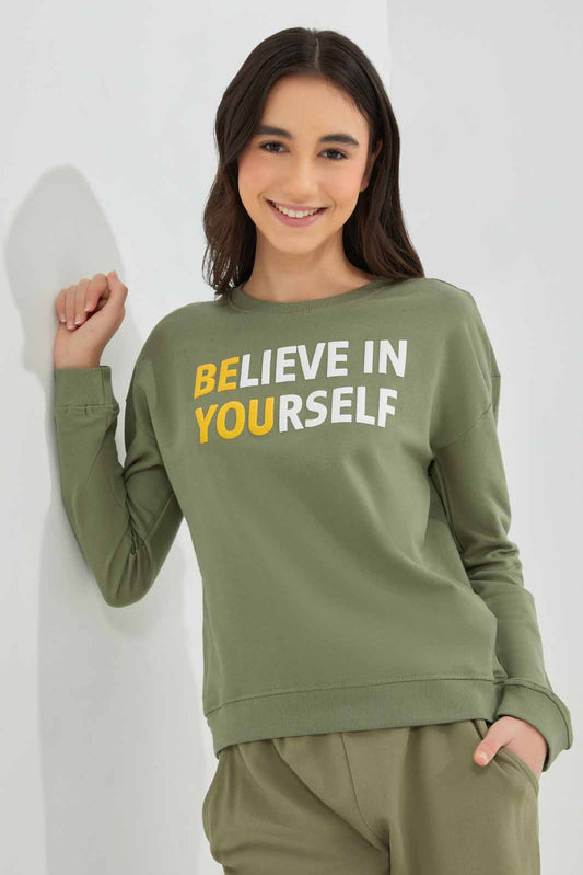 Redtag-Olive-Basic-Sweatshirts-Category:Sweatshirts,-Colour:Olive,-Deals:New-In,-Filter:Senior-Girls-(8-to-14-Yrs),-GSR-Sweatshirts,-NDAY,-New-In-GSR-APL,-Non-Sale,-Section:Girls-(0-to-14Yrs),-TBL,-W22A-Senior-Girls-9 to 14 Years