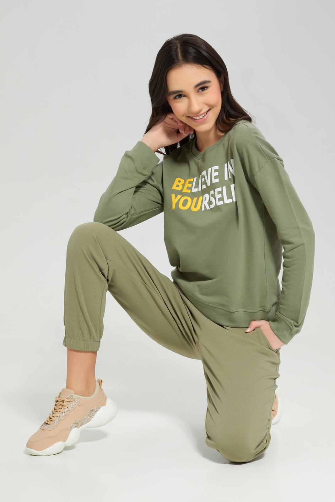 Redtag-Olive-Basic-Sweatshirts-Category:Sweatshirts,-Colour:Olive,-Deals:New-In,-Filter:Senior-Girls-(8-to-14-Yrs),-GSR-Sweatshirts,-NDAY,-New-In-GSR-APL,-Non-Sale,-Section:Girls-(0-to-14Yrs),-TBL,-W22A-Senior-Girls-9 to 14 Years
