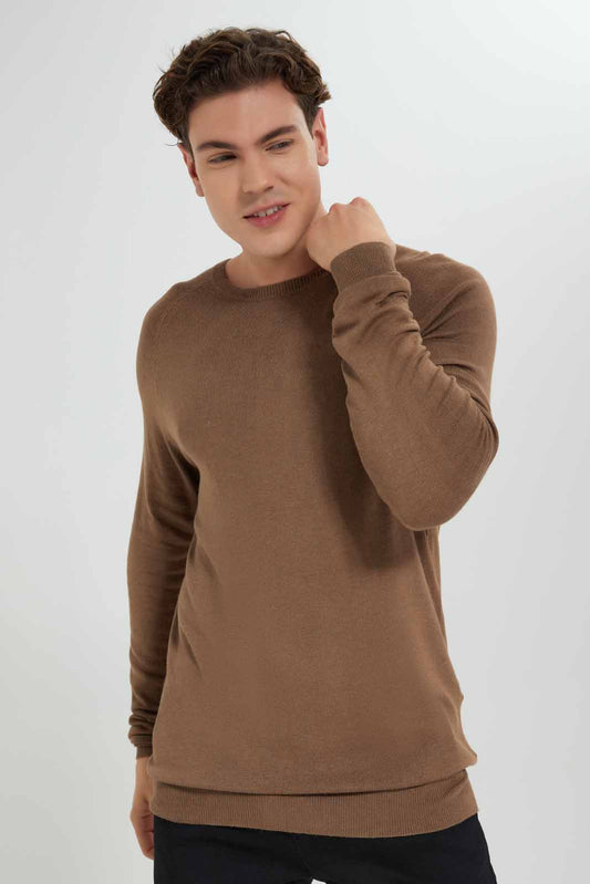Redtag-Brown-Crew-Neck-Sweater-Category:Cardigans,-Colour:Brown,-Deals:New-In,-Filter:Men's-Clothing,-Men-Cardigans,-New-In-Men-APL,-Non-Sale,-Section:Men,-TBL,-W22B-Men's-
