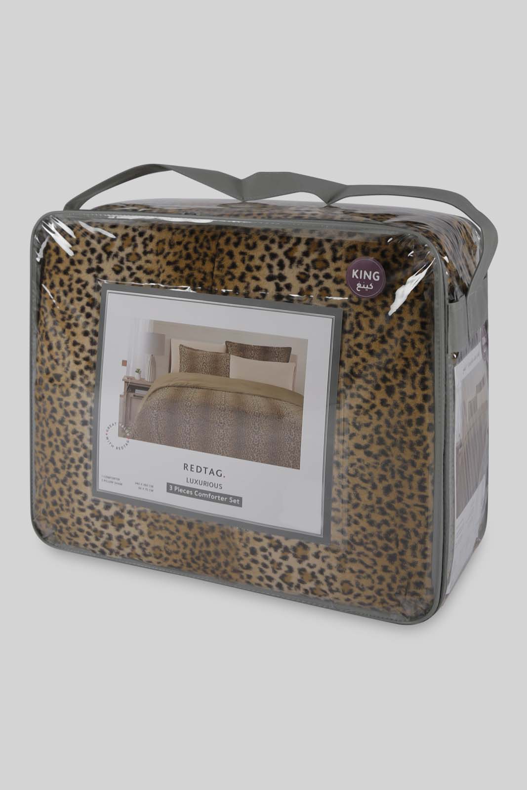 Redtag-Beige/Brown-Leopard-Print-3-Pc-Fur-Comforter-Set-(King-Size)-Category:Comforters,-Colour:Beige,-Deals:New-In,-Filter:Home-Bedroom,-HMW-BED-Comforters,-New-In-HMW-BED,-Non-Sale,-Section:Homewares,-W22B-Home-Bedroom-