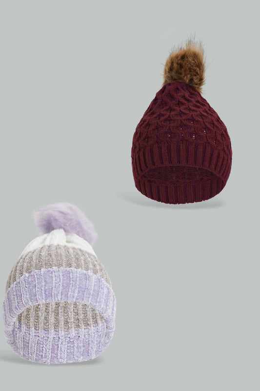 Redtag-Maroon-Pom-Pom-Embellished-Knitted-Cap-Category:Knitted-Accessories,-Colour:Red,-Filter:Women's-Accessories,-New-In,-New-In-Women-ACC,-Non-Sale,-Section:Women,-W22A,-Women-Knitted-Accessories-Women-