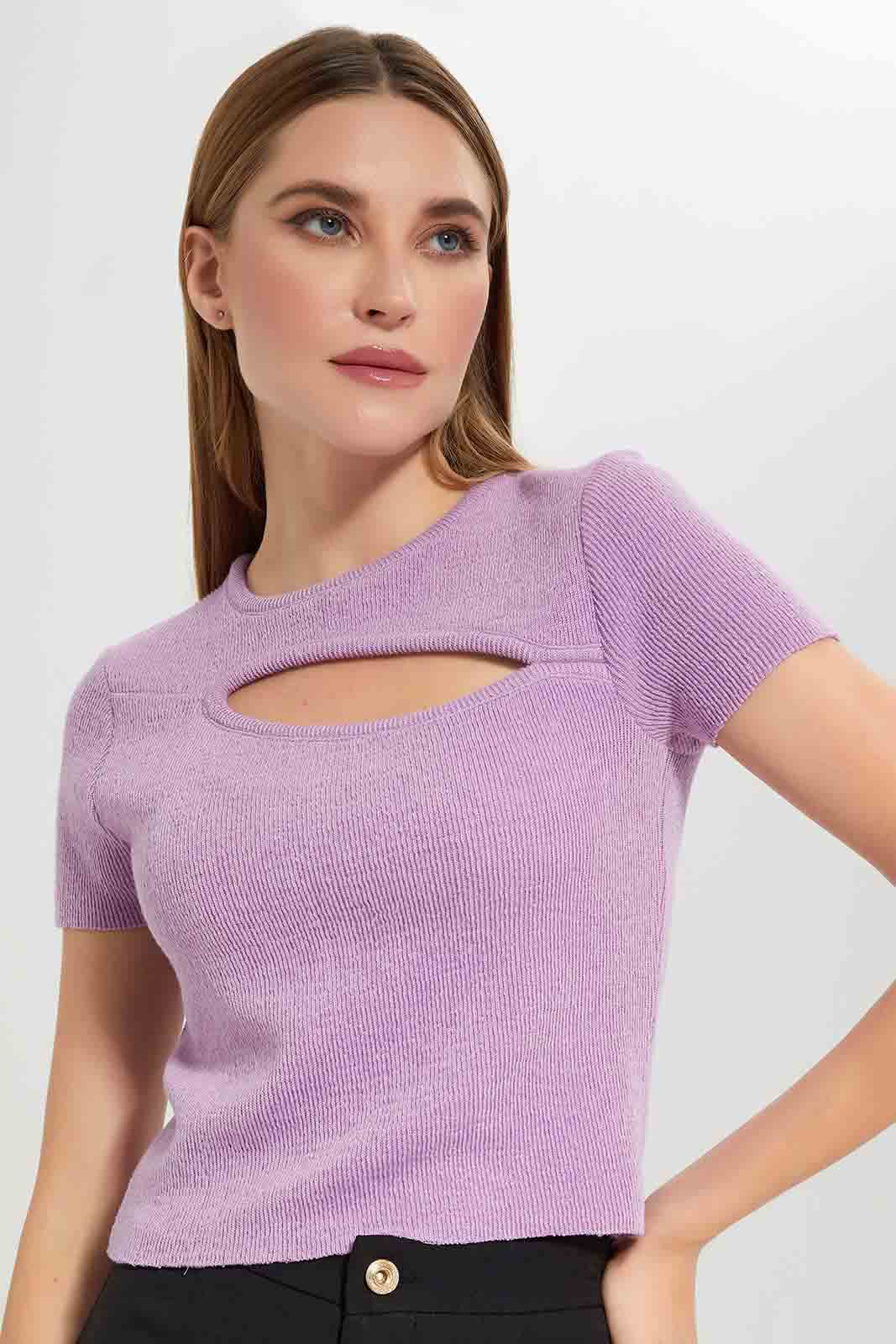 Redtag-Purple-Short-Sleeve-Cut-Out-Chest-Detail-Category:Tops,-Colour:Purple,-Deals:New-In,-Filter:Women's-Clothing,-LEC,-LEC-Tops,-New-In-LEC-APL,-Non-Sale,-Section:Women,-W22A-Women's-