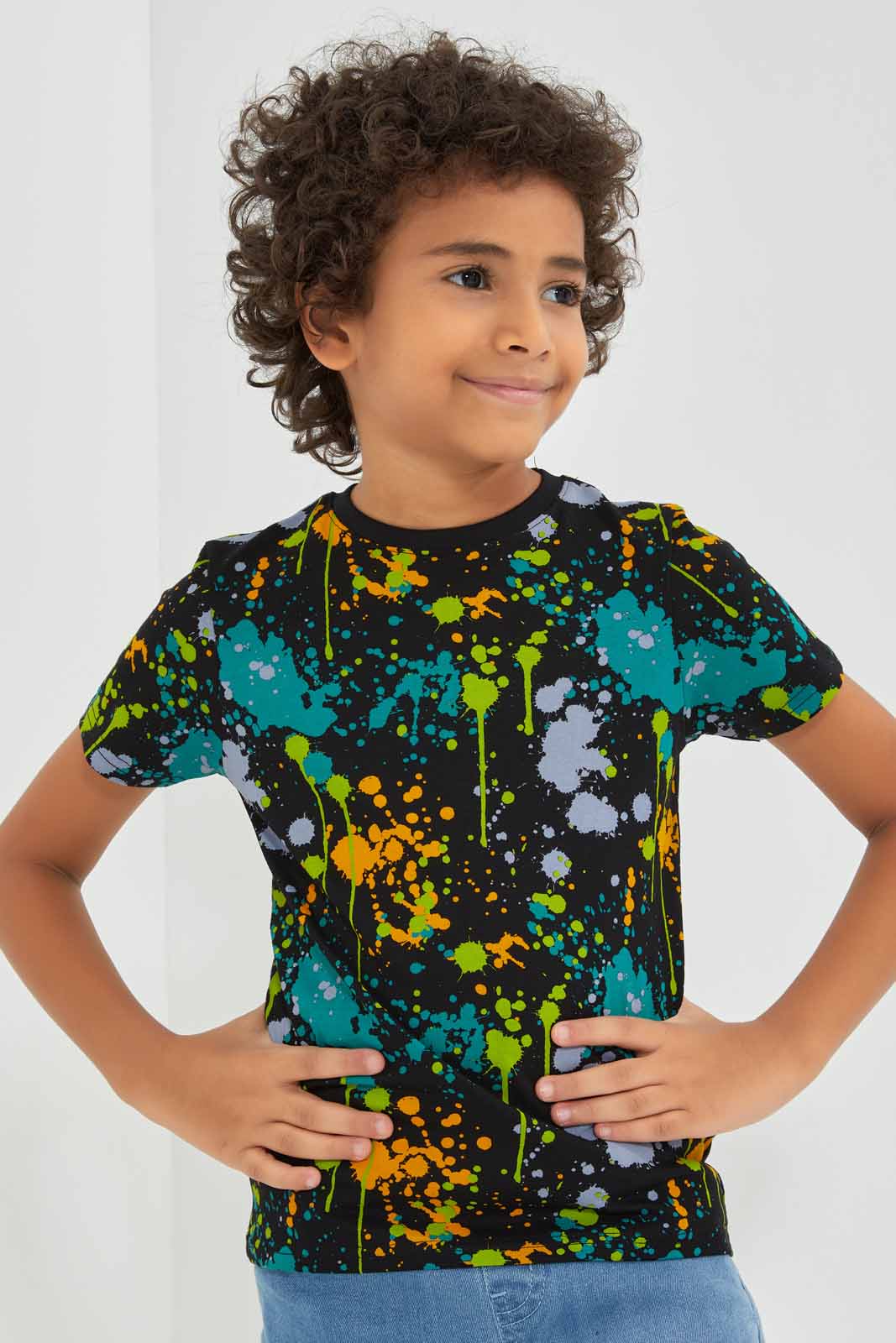Redtag-Black-Splat-All-Over-Print-T-shirt-BOY-T-Shirts,-Category:T-Shirts,-Colour:Black,-Deals:New-In,-Filter:Boys-(2-to-8-Yrs),-New-In-BOY-APL,-Non-Sale,-Section:Boys-(0-to-14Yrs),-TBL,-W22A-Boys-2 to 8 Years