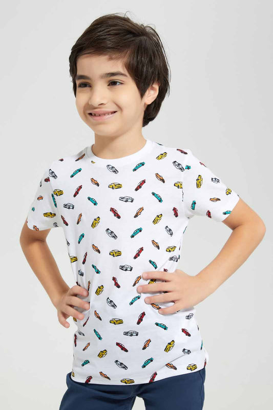 Redtag-White-Car-All-Over-Print-T-shirt-BOY-T-Shirts,-Category:T-Shirts,-Colour:White,-Deals:New-In,-Filter:Boys-(2-to-8-Yrs),-New-In-BOY-APL,-Non-Sale,-Section:Boys-(0-to-14Yrs),-TBL,-W22A-Boys-2 to 8 Years