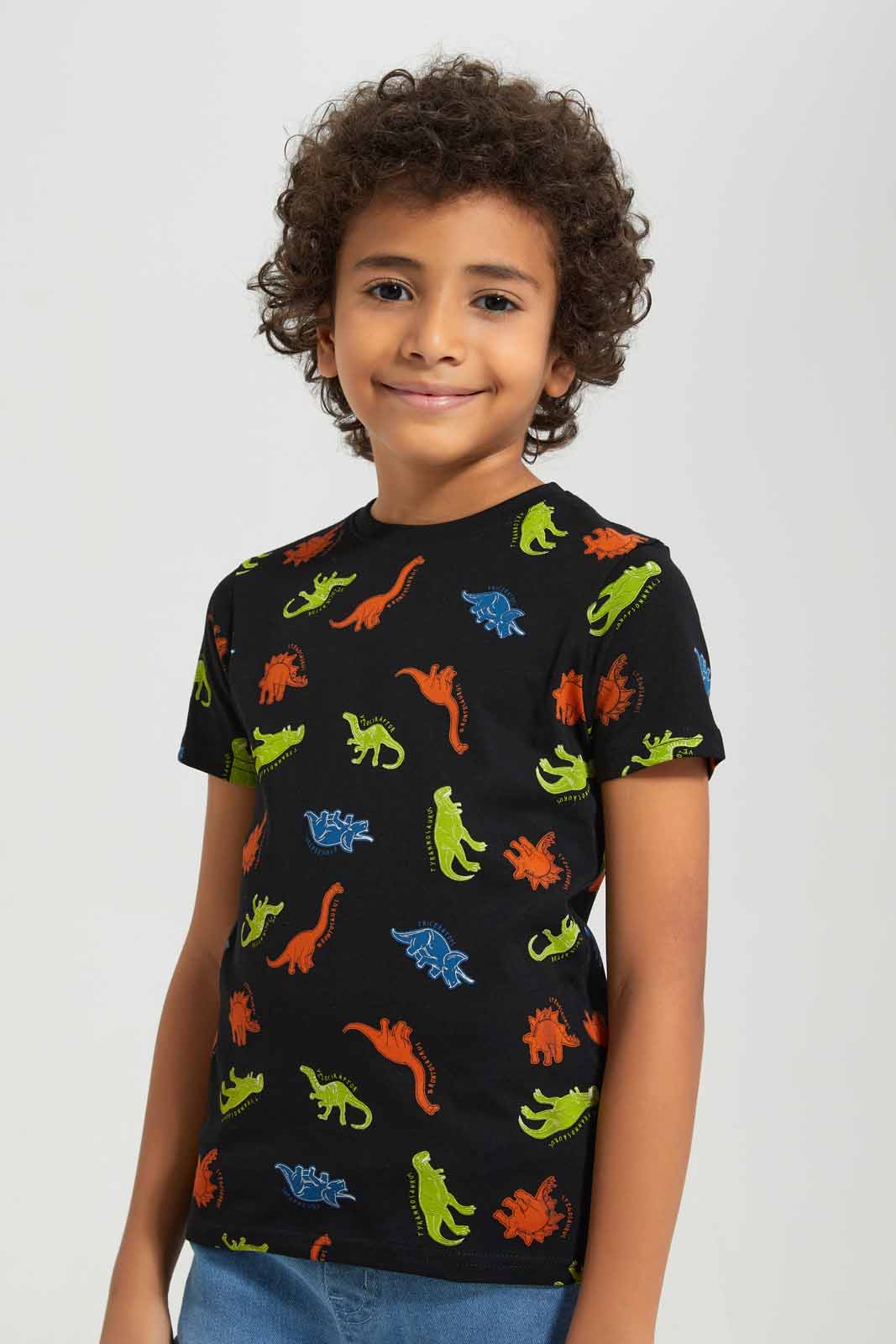 Redtag-Black-Dino-All-Over-Print-T-shirt-BOY-T-Shirts,-Category:T-Shirts,-Colour:Black,-Deals:New-In,-Filter:Boys-(2-to-8-Yrs),-New-In-BOY-APL,-Non-Sale,-Section:Boys-(0-to-14Yrs),-TBL,-W22A-Boys-2 to 8 Years