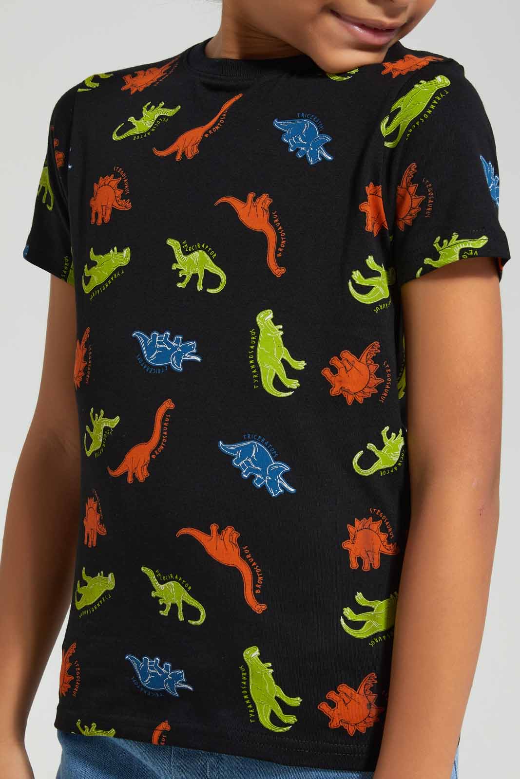 Redtag-Black-Dino-All-Over-Print-T-shirt-BOY-T-Shirts,-Category:T-Shirts,-Colour:Black,-Deals:New-In,-Filter:Boys-(2-to-8-Yrs),-New-In-BOY-APL,-Non-Sale,-Section:Boys-(0-to-14Yrs),-TBL,-W22A-Boys-2 to 8 Years