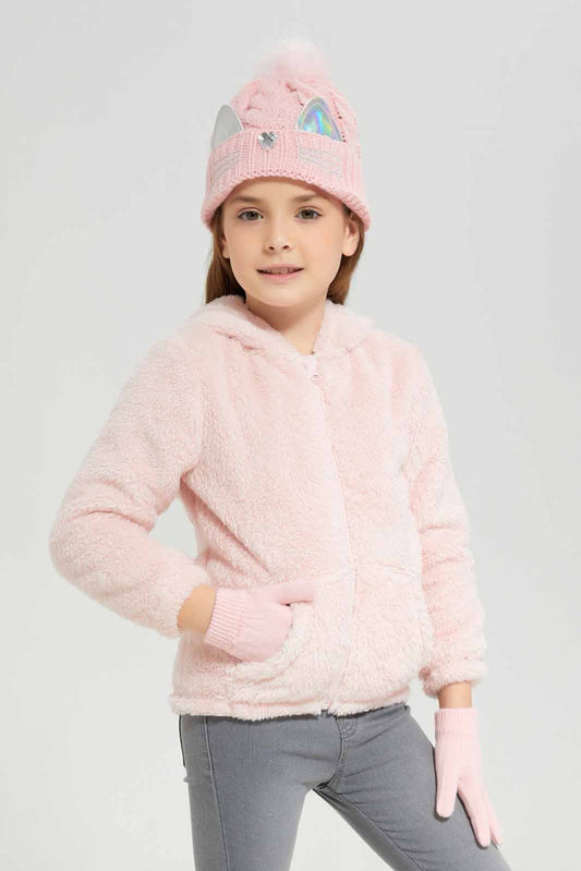 Girls Pink Knitted Cap With Gloves (2 Piece)