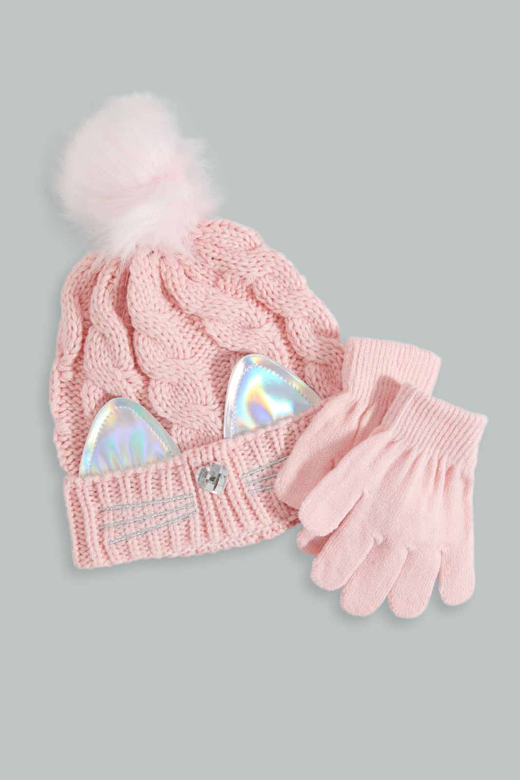 Redtag-Pink-Knitted-Cap-With-Gloves-Category:Knitted-Accessories,-Colour:Pink,-Filter:Girls-Accessories,-GIR-Knitted-Accessories,-New-In,-New-In-GIR-ACC,-Non-Sale,-Section:Girls-(0-to-14Yrs),-W22A-Girls-