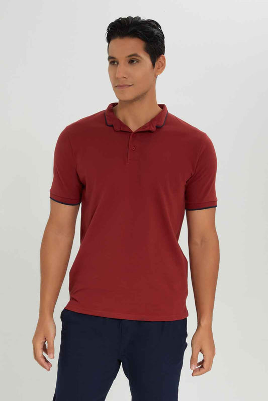 Redtag-Standup-Collar-Polo-Category:Polo-T-Shirts,-Colour:Burgundy,-Deals:New-In,-Dept:Menswear,-Filter:Men's-Clothing,-Men-Polo-T-Shirts,-New-In-Men-APL,-Non-Sale,-Section:Men,-TBL,-W22O-Men's-