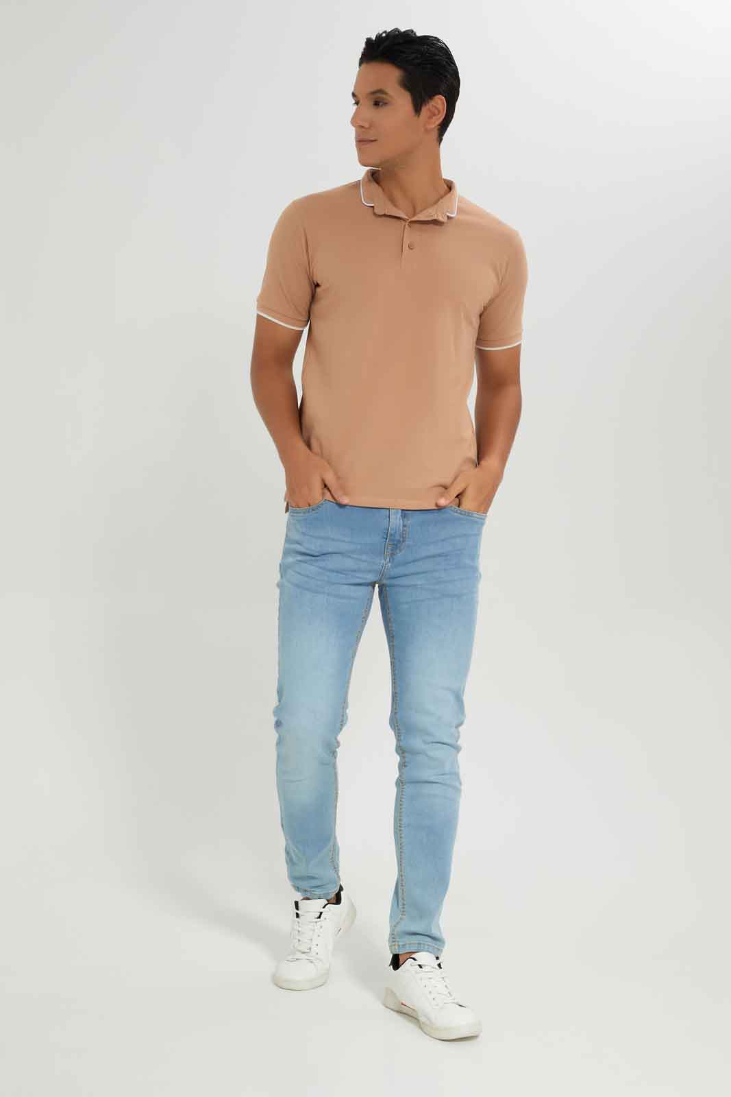 Redtag-Standup-Collar-Polo-Category:Polo-T-Shirts,-Colour:Beige,-Deals:New-In,-Dept:Menswear,-Filter:Men's-Clothing,-Men-Polo-T-Shirts,-New-In-Men-APL,-Non-Sale,-Section:Men,-TBL,-W22O-Men's-
