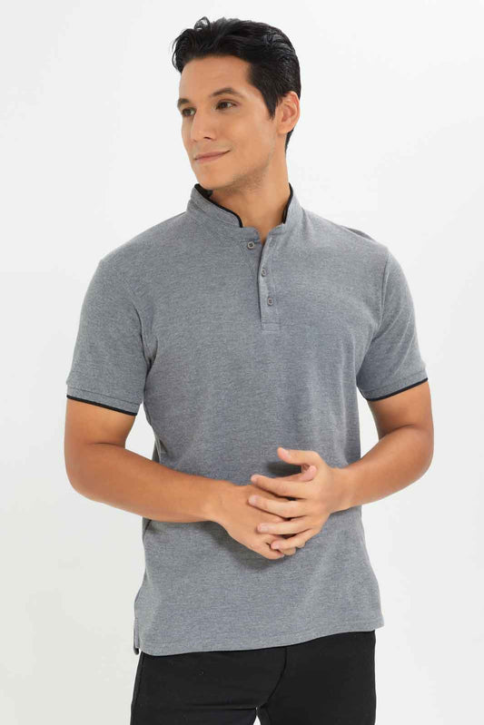 Redtag-Standup-Collar-Polo-Category:Polo-T-Shirts,-Colour:Charcoal,-Deals:New-In,-Dept:Menswear,-Filter:Men's-Clothing,-Men-Polo-T-Shirts,-New-In-Men-APL,-Non-Sale,-Section:Men,-TBL,-W22O-Men's-