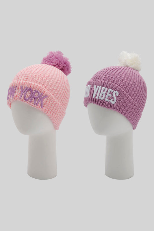 Redtag-Pink-And-Lilac-Embellished-Set-Of-2-Knitted-Cap-Category:Knitted-Accessories,-Colour:Assorted,-Filter:Women's-Accessories,-New-In,-New-In-Women-ACC,-Non-Sale,-Section:Women,-W22B,-Women-Knitted-Accessories-Women-