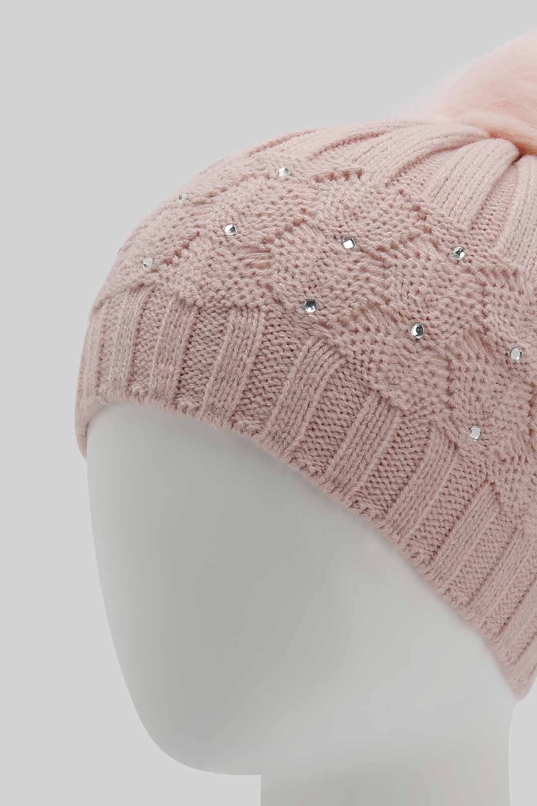 Redtag-Pink-Pom-Pom-Embelished-Knitted-Cap-Category:Knitted-Accessories,-Colour:Pink,-Filter:Women's-Accessories,-New-In,-New-In-Women-ACC,-Non-Sale,-Section:Women,-W22B,-Women-Knitted-Accessories-Women-