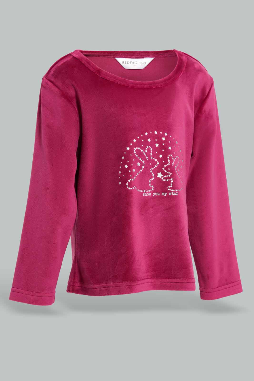 Redtag-Burgandy-Rabbit-Print-Velour-Top-&-Bottom-Set-Category:Pyjama-Sets,-Colour:Burgundy,-Deals:New-In,-Filter:Infant-Girls-(3-to-24-Mths),-ING-Pyjama-Sets,-New-In-ING-APL,-Non-Sale,-Section:Girls-(0-to-14Yrs),-W22A-Infant-Girls-3 to 24 Months