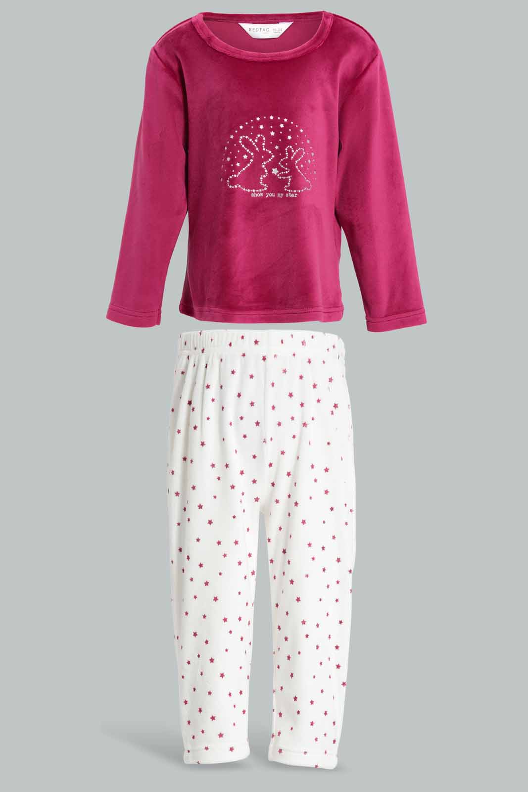 Redtag-Burgandy-Rabbit-Print-Velour-Top-&-Bottom-Set-Category:Pyjama-Sets,-Colour:Burgundy,-Deals:New-In,-Filter:Infant-Girls-(3-to-24-Mths),-ING-Pyjama-Sets,-New-In-ING-APL,-Non-Sale,-Section:Girls-(0-to-14Yrs),-W22A-Infant-Girls-3 to 24 Months