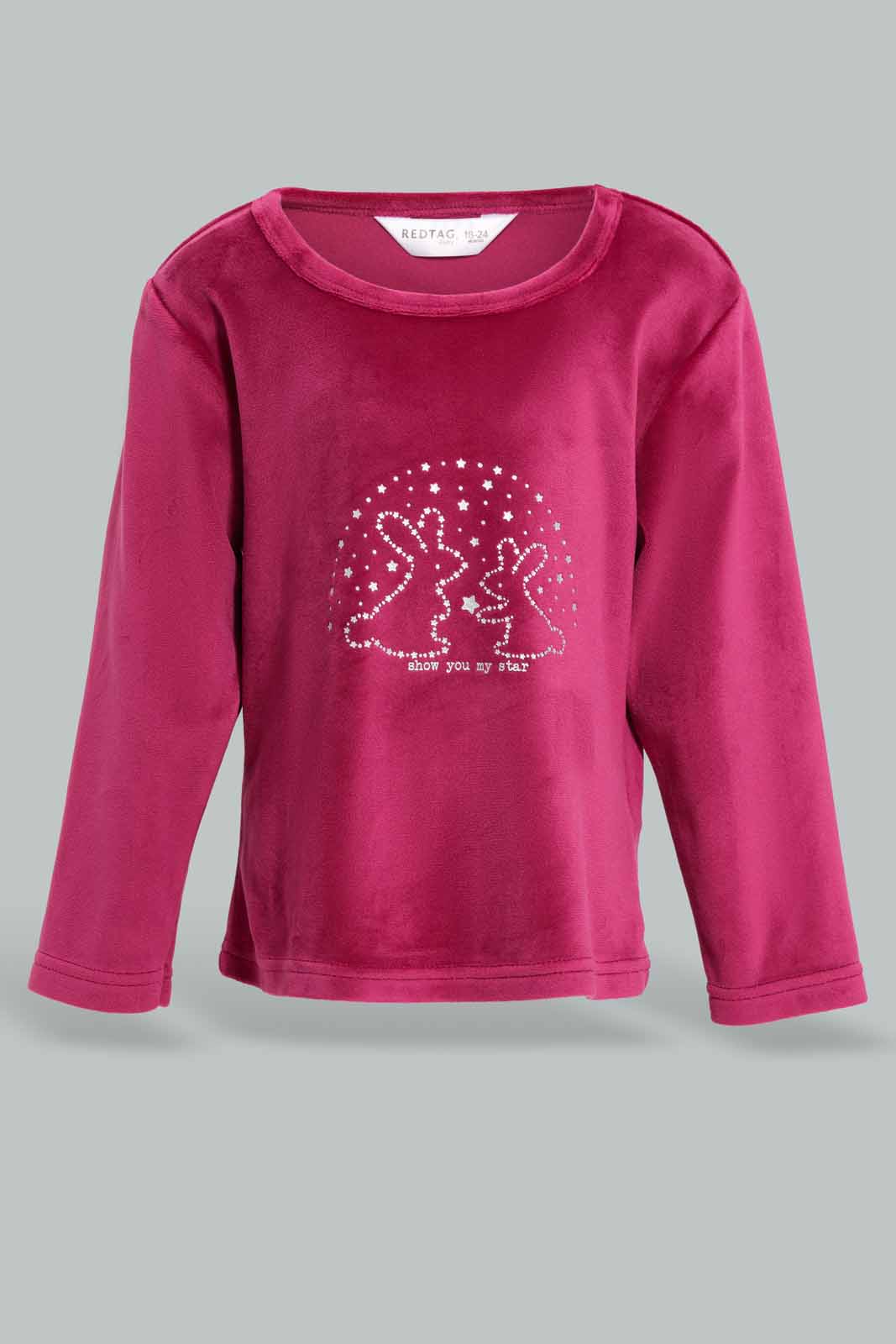 Redtag-Burgandy-Rabbit-Print-Velour-Top-&-Bottom-Set-Category:Pyjama-Sets,-Colour:Burgundy,-Deals:New-In,-Filter:Infant-Girls-(3-to-24-Mths),-ING-Pyjama-Sets,-New-In-ING-APL,-Non-Sale,-Section:Girls-(0-to-14Yrs),-W22A-Infant-Girls-3 to 24 Months