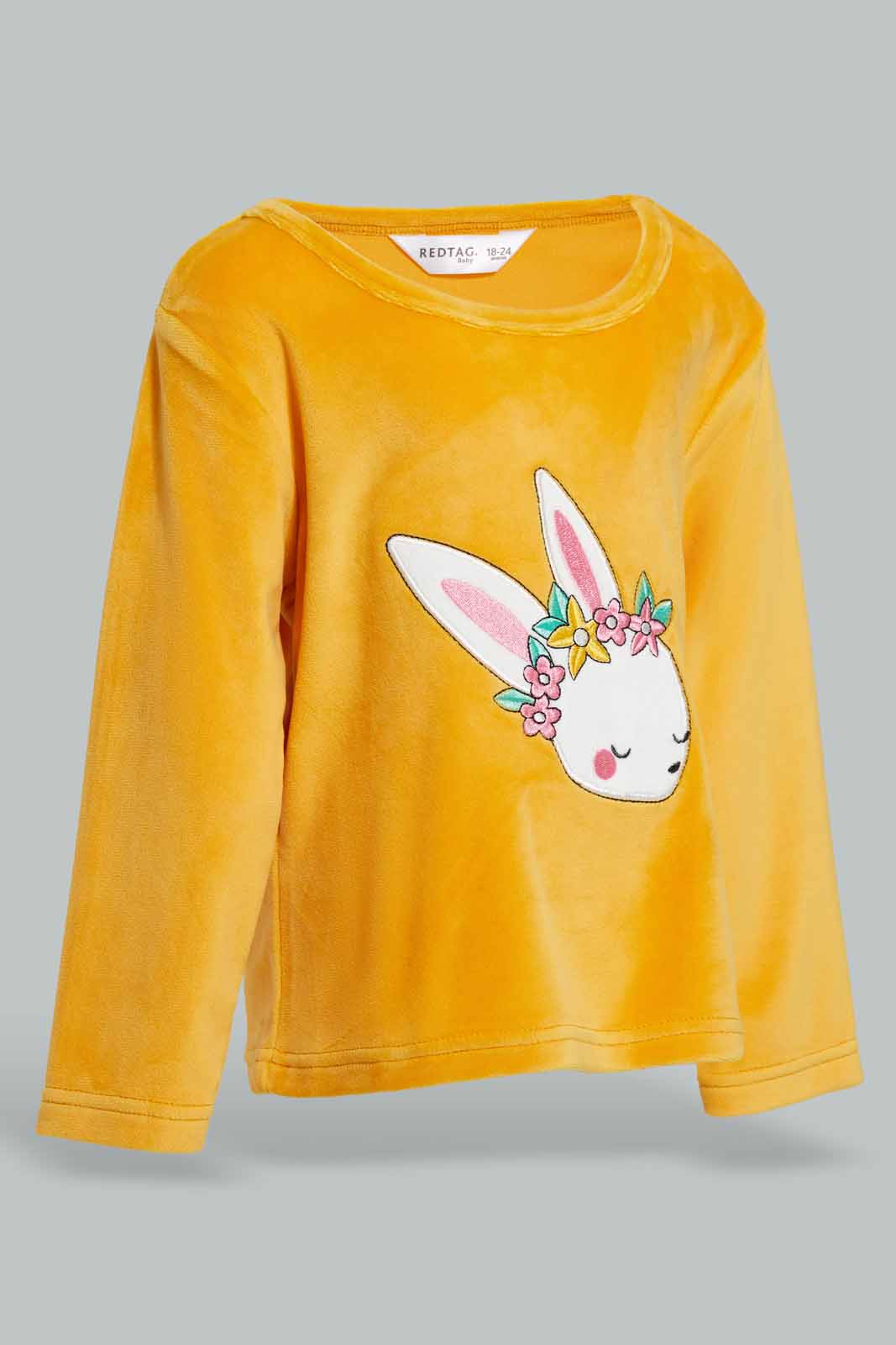 Redtag-Mustard-Bunny-Applique-Velour-Top-&-Bottom-Set-Category:Pyjama-Sets,-Colour:Mustard,-Deals:New-In,-Filter:Infant-Girls-(3-to-24-Mths),-ING-Pyjama-Sets,-New-In-ING-APL,-Non-Sale,-Section:Girls-(0-to-14Yrs),-W22A-Infant-Girls-3 to 24 Months