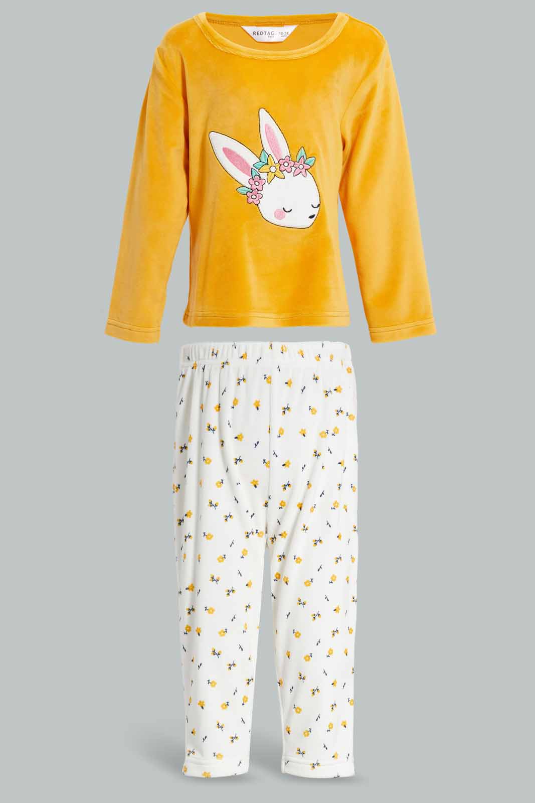 Redtag-Mustard-Bunny-Applique-Velour-Top-&-Bottom-Set-Category:Pyjama-Sets,-Colour:Mustard,-Deals:New-In,-Filter:Infant-Girls-(3-to-24-Mths),-ING-Pyjama-Sets,-New-In-ING-APL,-Non-Sale,-Section:Girls-(0-to-14Yrs),-W22A-Infant-Girls-3 to 24 Months