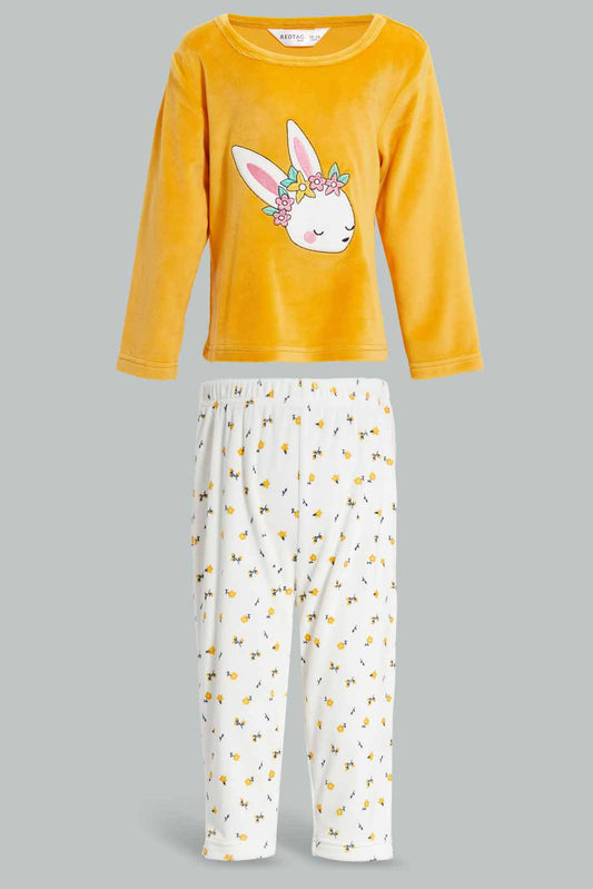 Redtag-Mustard-Bunny-Applique-Velour-Top-&-Bottom-Set-Category:Pyjama-Sets,-Colour:Mustard,-Deals:New-In,-Filter:Infant-Girls-(3-to-24-Mths),-ING-Pyjama-Sets,-New-In-ING-APL,-Non-Sale,-Section:Girls-(0-to-14Yrs),-W22A-Infant-Girls-3 to 24 Months