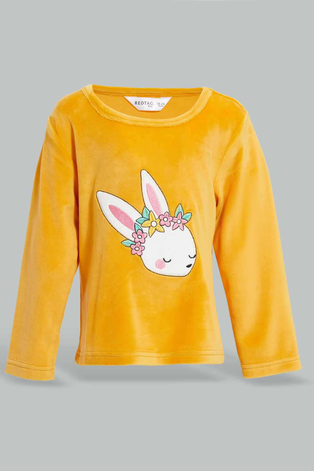 Redtag-Mustard-Bunny-Applique-Velour-Top-&-Bottom-Set-Category:Pyjama-Sets,-Colour:Mustard,-Deals:New-In,-Filter:Infant-Girls-(3-to-24-Mths),-ING-Pyjama-Sets,-New-In-ING-APL,-Non-Sale,-Section:Girls-(0-to-14Yrs),-W22A-Infant-Girls-3 to 24 Months
