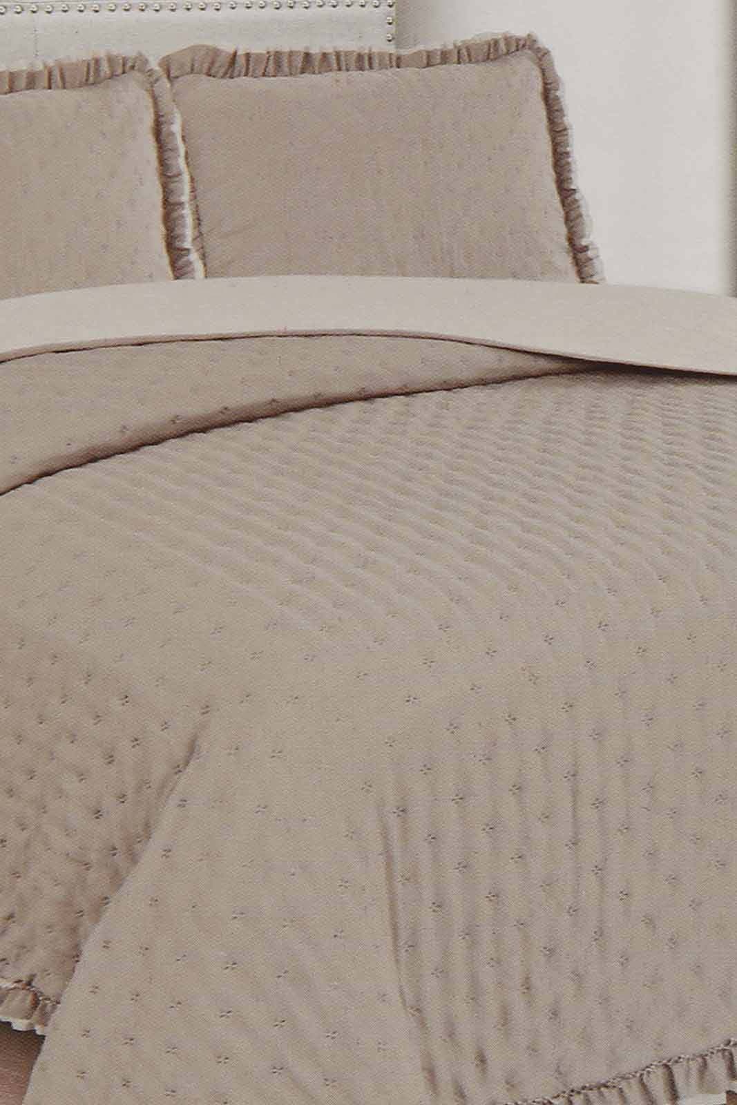 Redtag-Beige-3-Pc-Dotted-Bedspread-With-Ruffles-(Double-Size)-Category:Bedspreads,-Colour:Beige,-Deals:New-In,-Filter:Home-Bedroom,-HMW-BED-Bedspreads,-New-In-HMW-BED,-Non-Sale,-Section:Homewares,-W22B-Home-Bedroom-