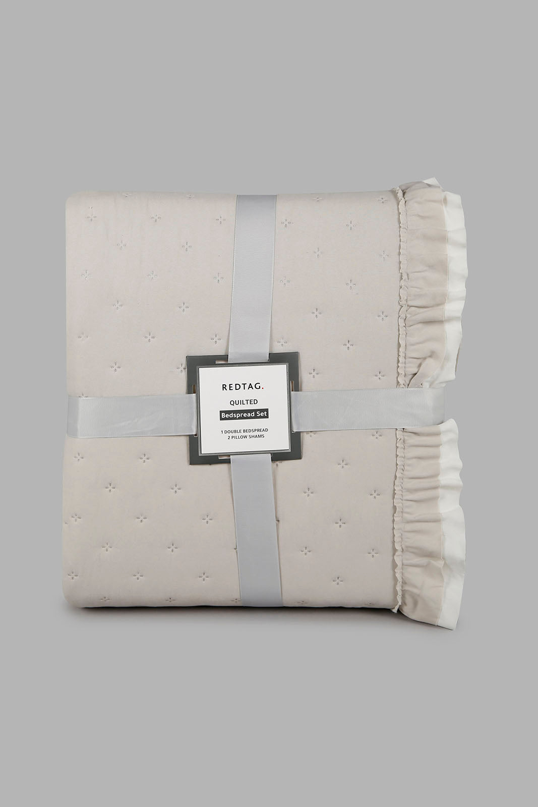 Redtag-Beige-3-Pc-Dotted-Bedspread-With-Ruffles-(Double-Size)-Category:Bedspreads,-Colour:Beige,-Deals:New-In,-Filter:Home-Bedroom,-HMW-BED-Bedspreads,-New-In-HMW-BED,-Non-Sale,-Section:Homewares,-W22B-Home-Bedroom-