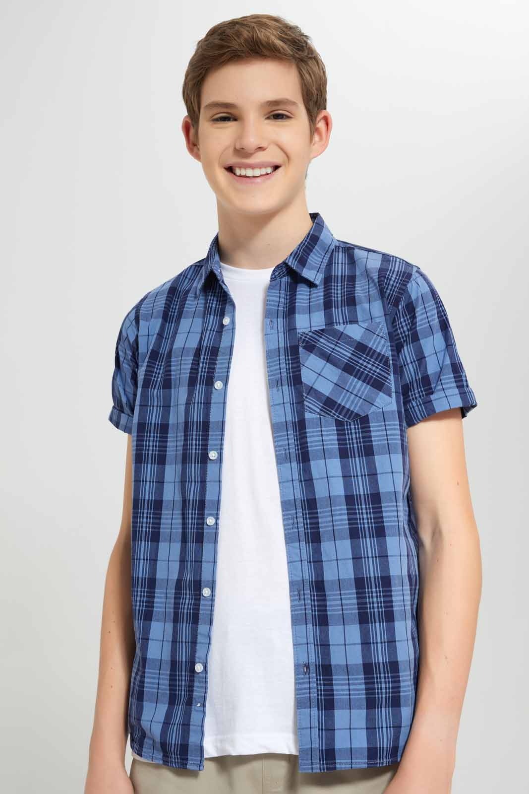 Redtag-Navy-&-Blue-Check-Shirt-With-White-Tee-BSR-Shirts,-Category:Shirts,-Colour:Navy,-Deals:New-In,-Filter:Senior-Boys-(8-to-14-Yrs),-New-In-BSR-APL,-Non-Sale,-Section:Boys-(0-to-14Yrs),-W22O-Senior-Boys-9 to 14 Years