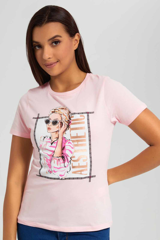 Redtag-Pale-Pink-Aesthetic-Printed-T-Shirt-Category:T-Shirts,-Colour:Apricot,-Deals:New-In,-Filter:Women's-Clothing,-New-In-Women-APL,-Non-Sale,-Section:Women,-TBL,-W22A,-Women-T-Shirts-Women's-