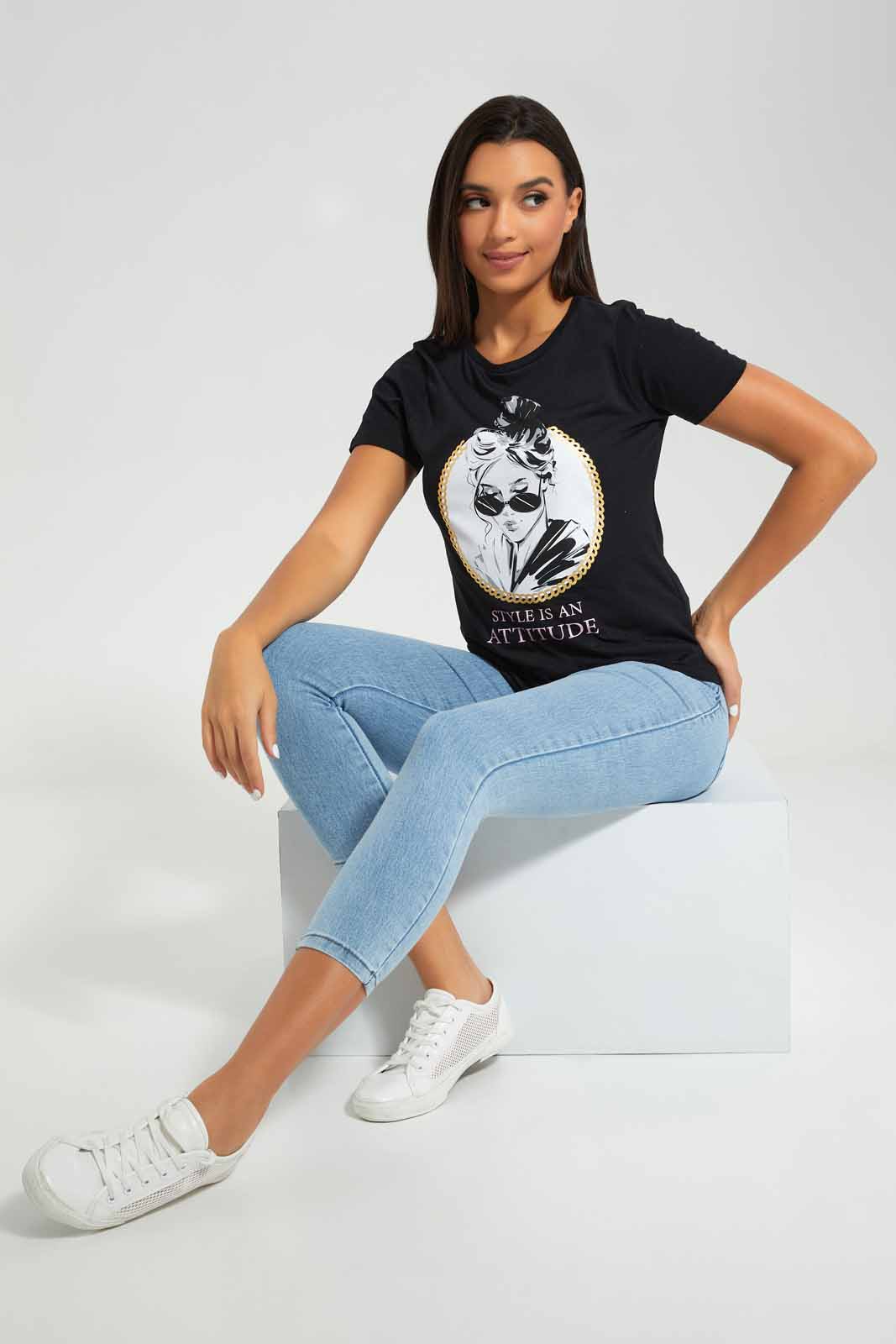 Redtag-Black-Attitude-Printed-T-Shirt-Category:T-Shirts,-Colour:Black,-Deals:New-In,-Filter:Women's-Clothing,-New-In-Women-APL,-Non-Sale,-Section:Women,-TBL,-W22A,-Women-T-Shirts-Women's-