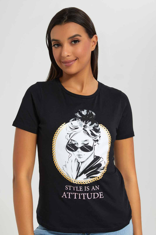 Redtag-Black-Attitude-Printed-T-Shirt-Category:T-Shirts,-Colour:Black,-Deals:New-In,-Filter:Women's-Clothing,-New-In-Women-APL,-Non-Sale,-Section:Women,-TBL,-W22A,-Women-T-Shirts-Women's-