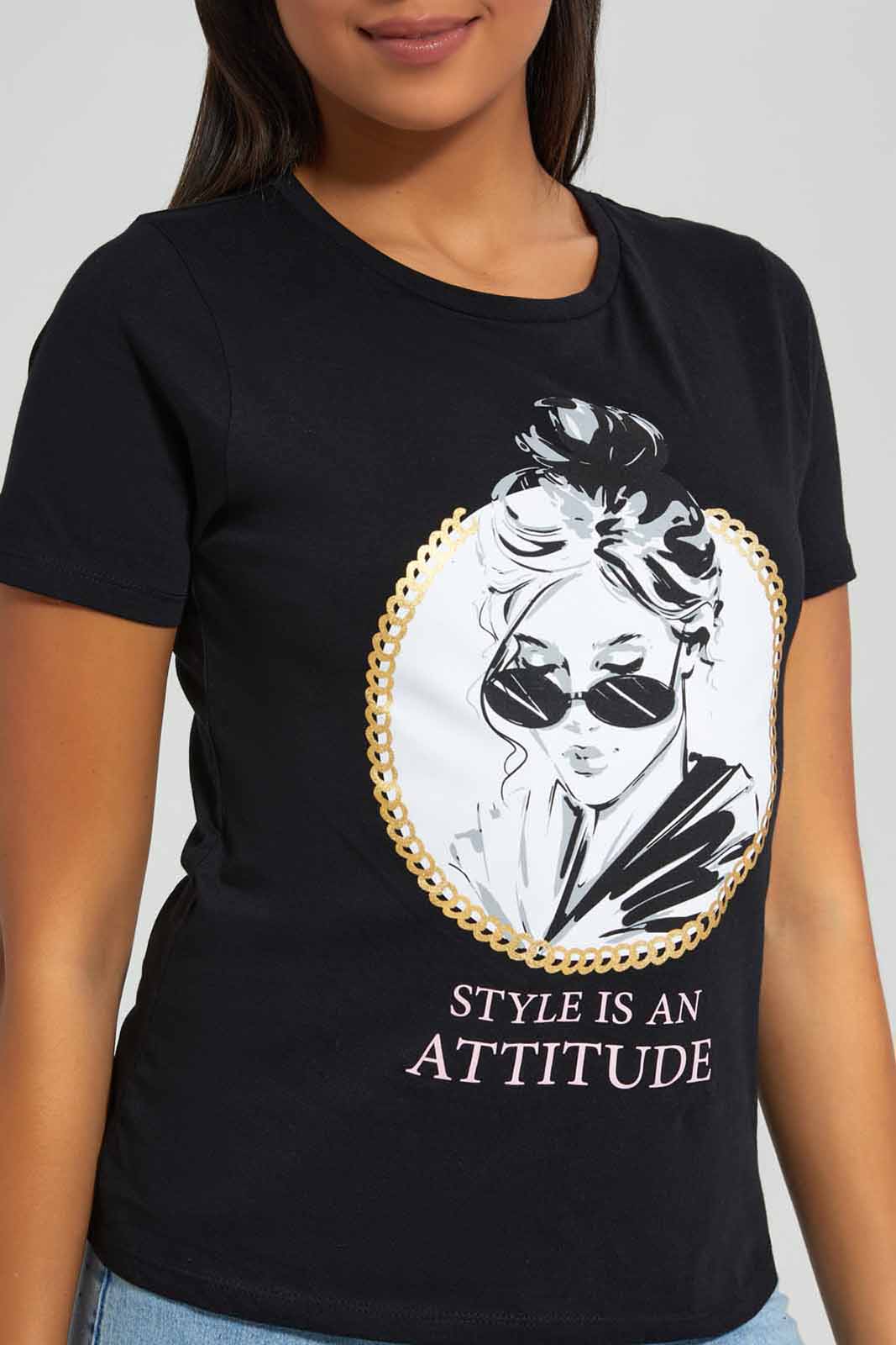 Redtag-Black-Attitude-Printed-T-Shirt-Category:T-Shirts,-Colour:Black,-Deals:New-In,-Filter:Women's-Clothing,-New-In-Women-APL,-Non-Sale,-Section:Women,-TBL,-W22A,-Women-T-Shirts-Women's-