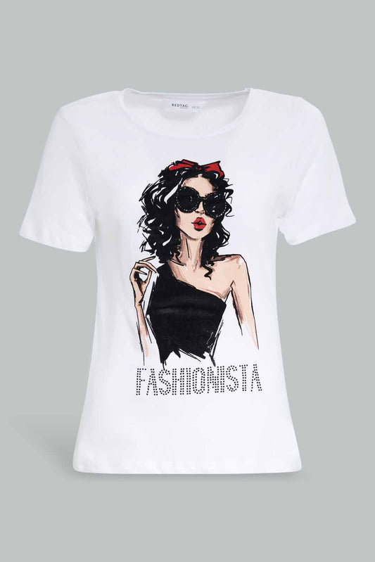Redtag-White-Fashionista-Embellished-T-Shirt-Category:T-Shirts,-Colour:White,-Deals:New-In,-Filter:Women's-Clothing,-New-In-Women-APL,-Non-Sale,-Section:Women,-TBL,-W22A,-Women-T-Shirts-Women's-