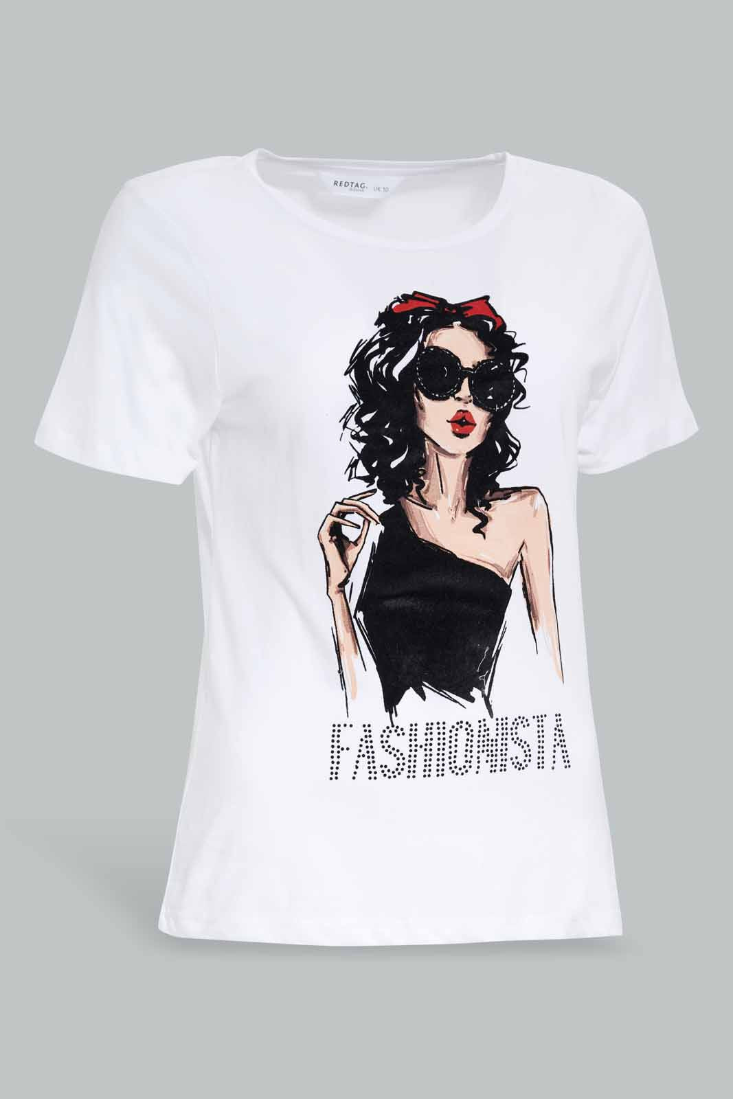 Redtag-White-Fashionista-Embellished-T-Shirt-Category:T-Shirts,-Colour:White,-Deals:New-In,-Filter:Women's-Clothing,-New-In-Women-APL,-Non-Sale,-Section:Women,-TBL,-W22A,-Women-T-Shirts-Women's-